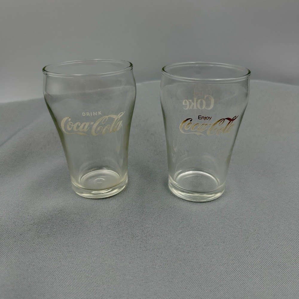 Vintage Coca‎ Cola Enjoy Coke Bell Shape Glasses Clear Glass 4" Barware Set Of 2